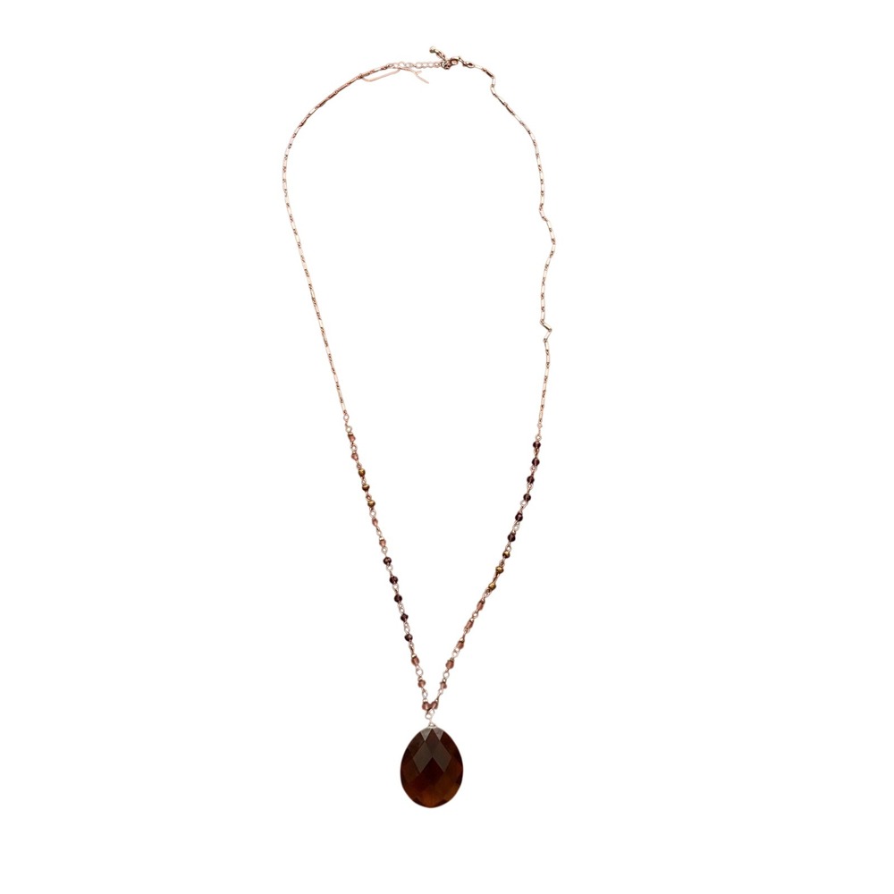 Boho Smoky‎ Brown Faceted Teardrop Pendant Necklace Purple Beaded Silver Chain